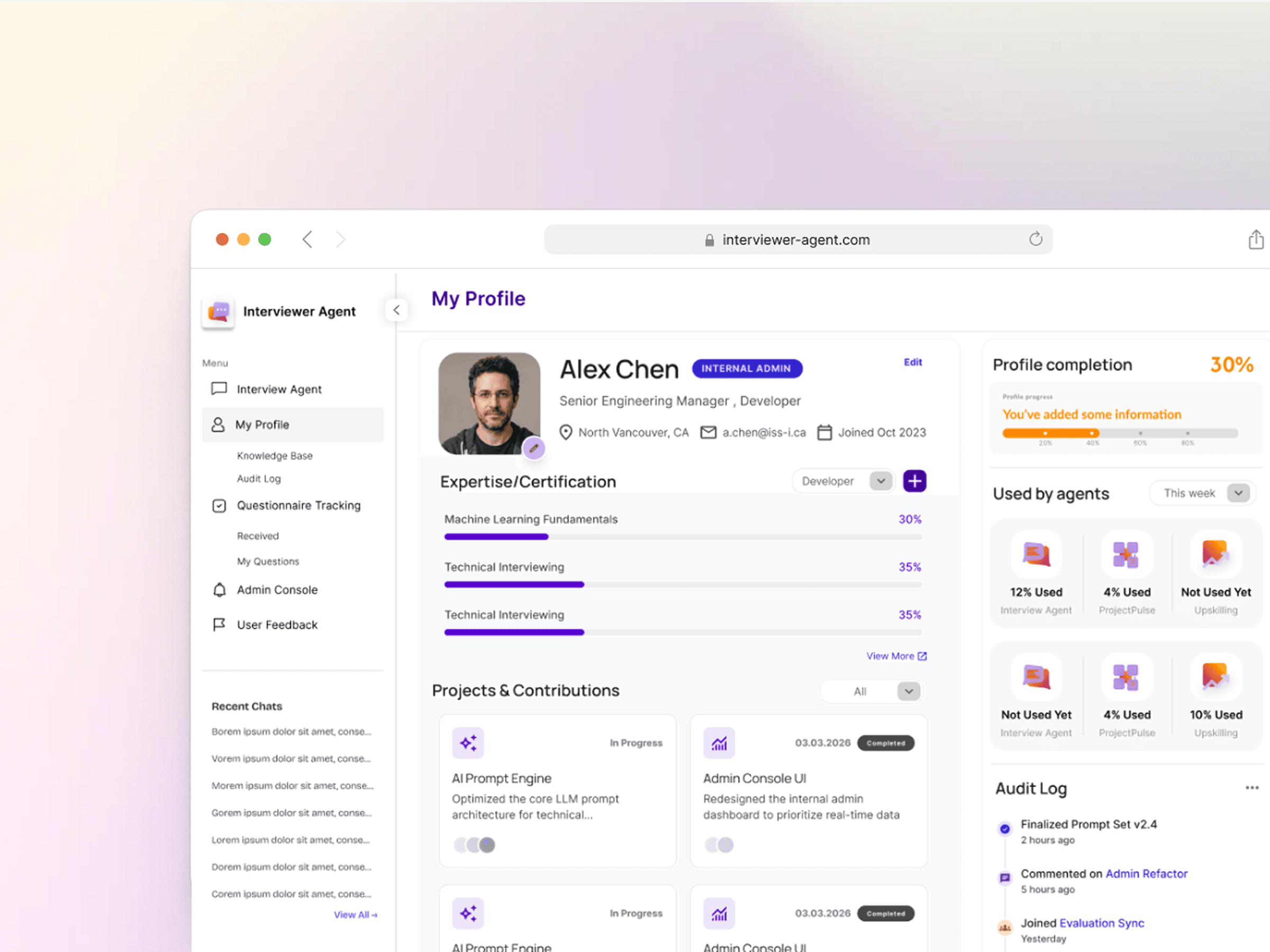 AI-powered interview agent interface showing conversation flow and knowledge collection workflows