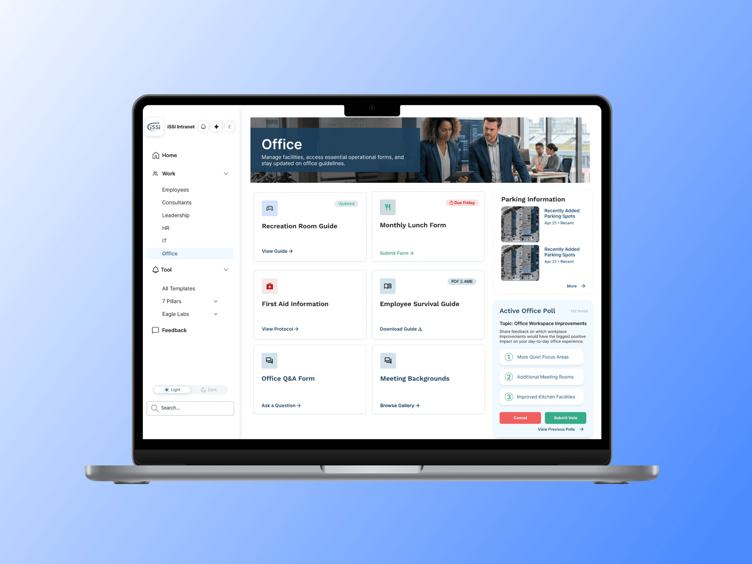 Structured intranet dashboard with organized information categories, navigation structure, and resource access panels