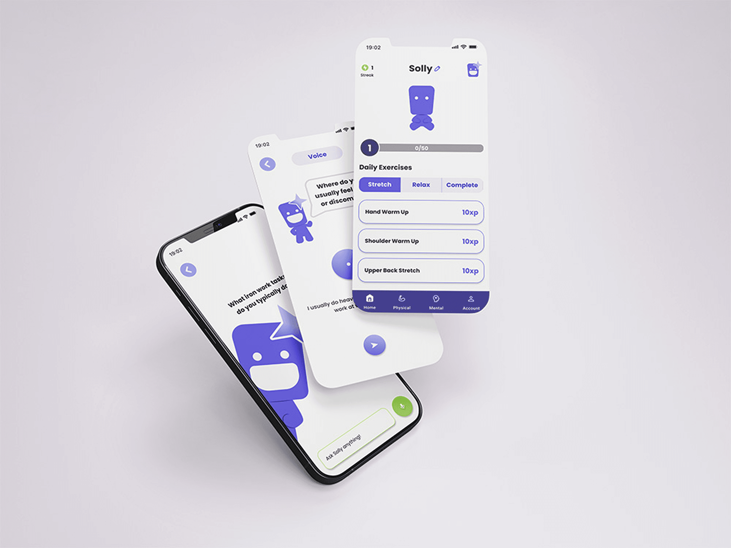 Solace recovery app screens showing daily check-ins, mood tracking, and personalized guidance prompts