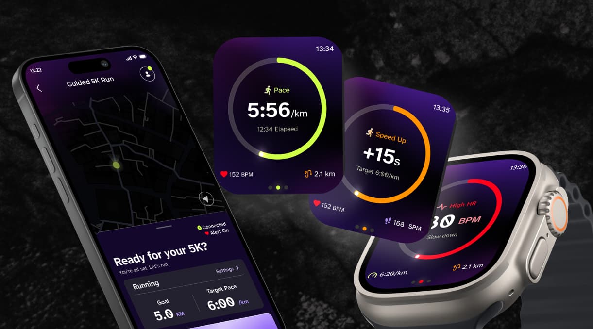 Paceon smartwatch and mobile running app showing live pace and contextual running guidance