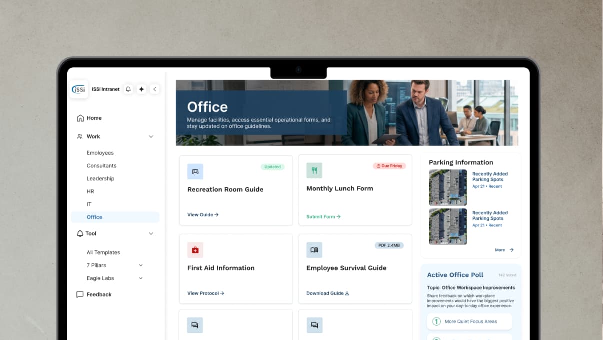 Structured intranet dashboard with organized information categories, navigation structure, and resource access panels
