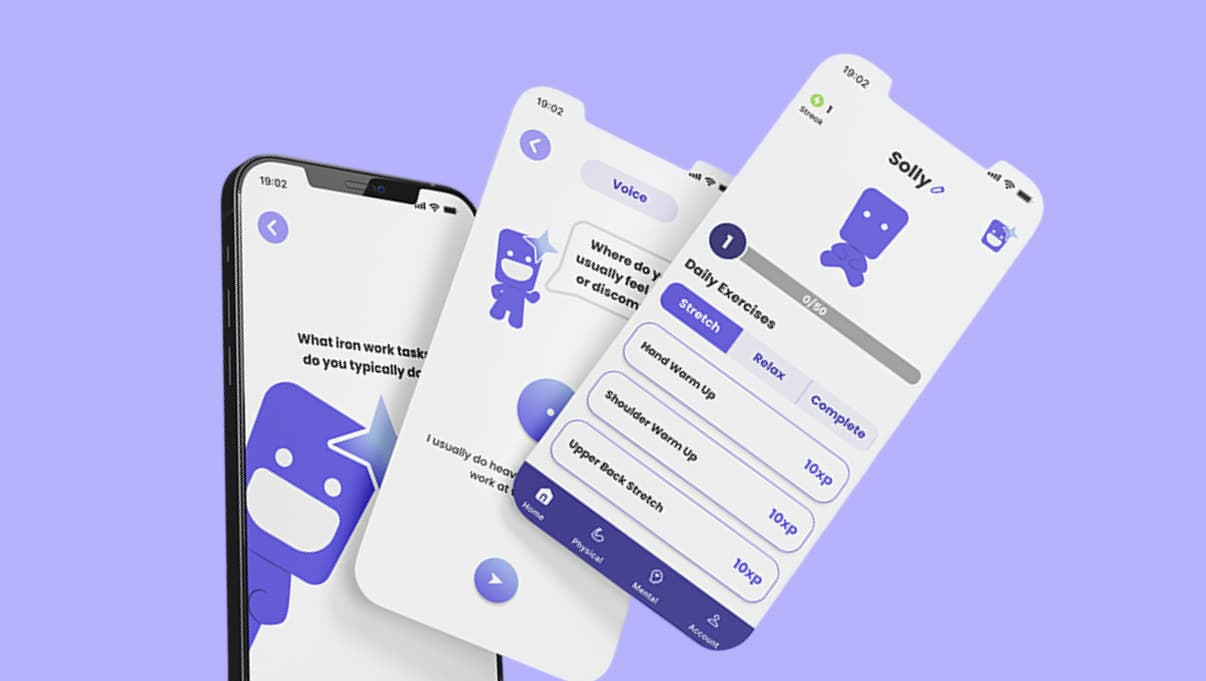 Solace recovery app screens showing daily check-ins, mood tracking, and personalized guidance prompts