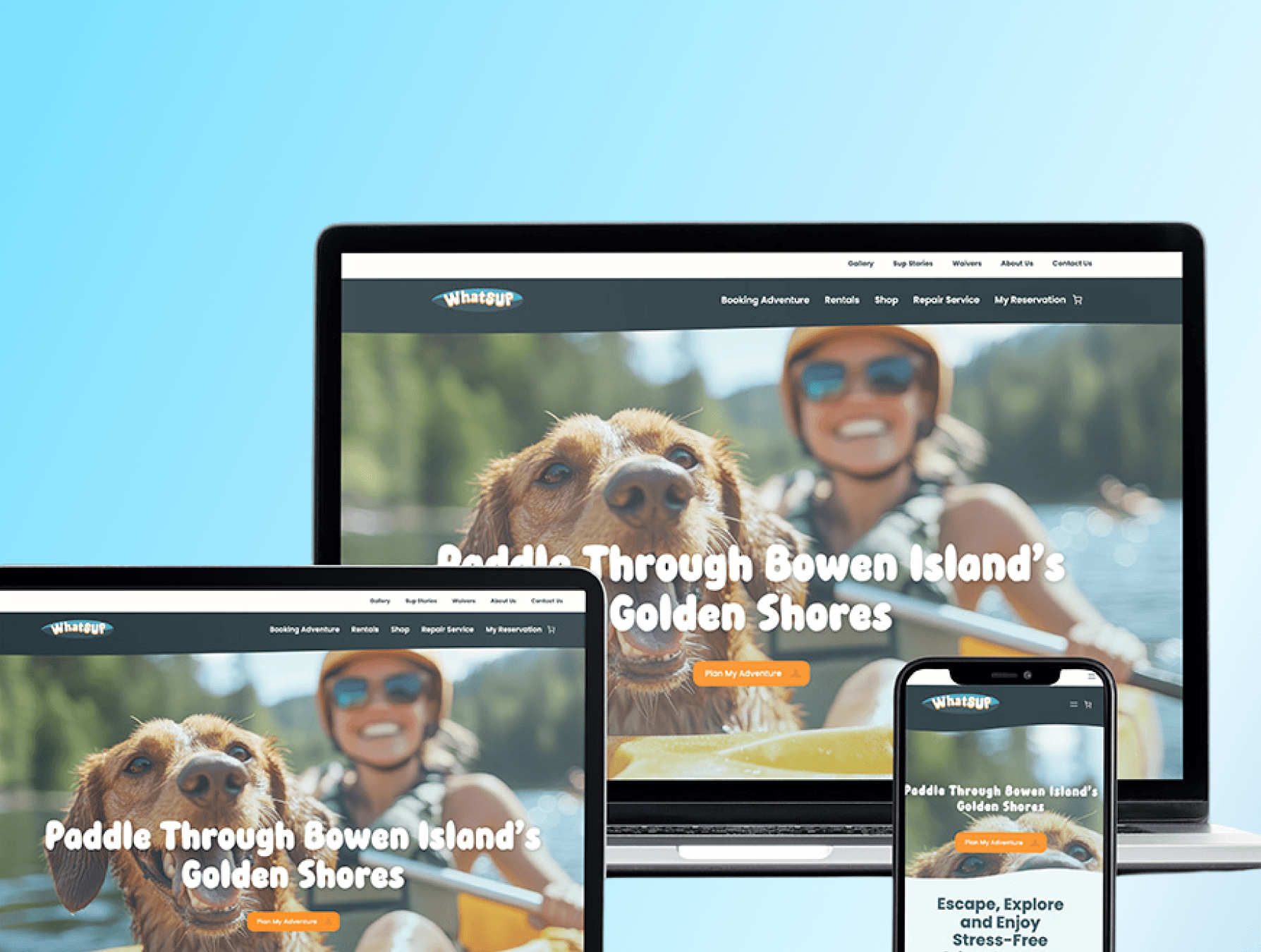 WhatSUP tourism booking website displaying activity listings, booking interface, and adventure information