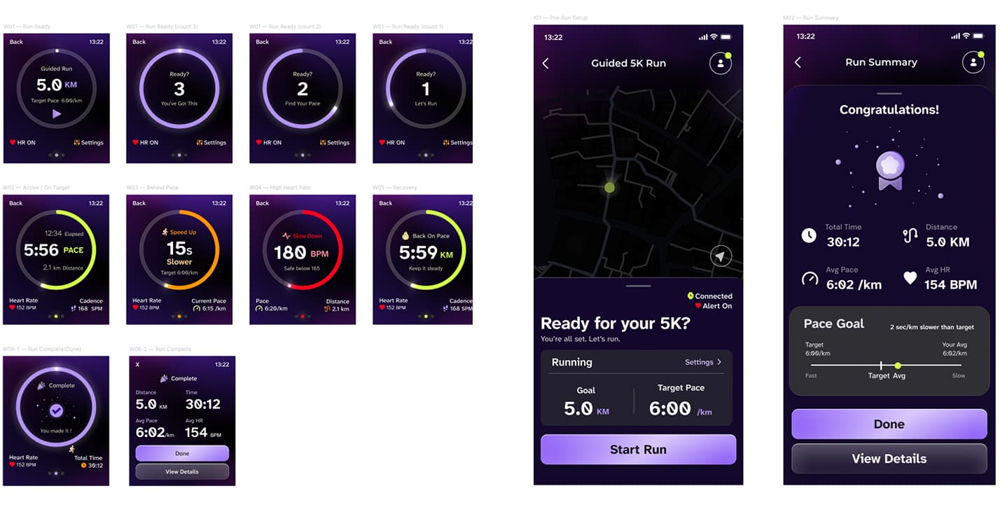 First high-fidelity Paceon watch states and mobile setup screens