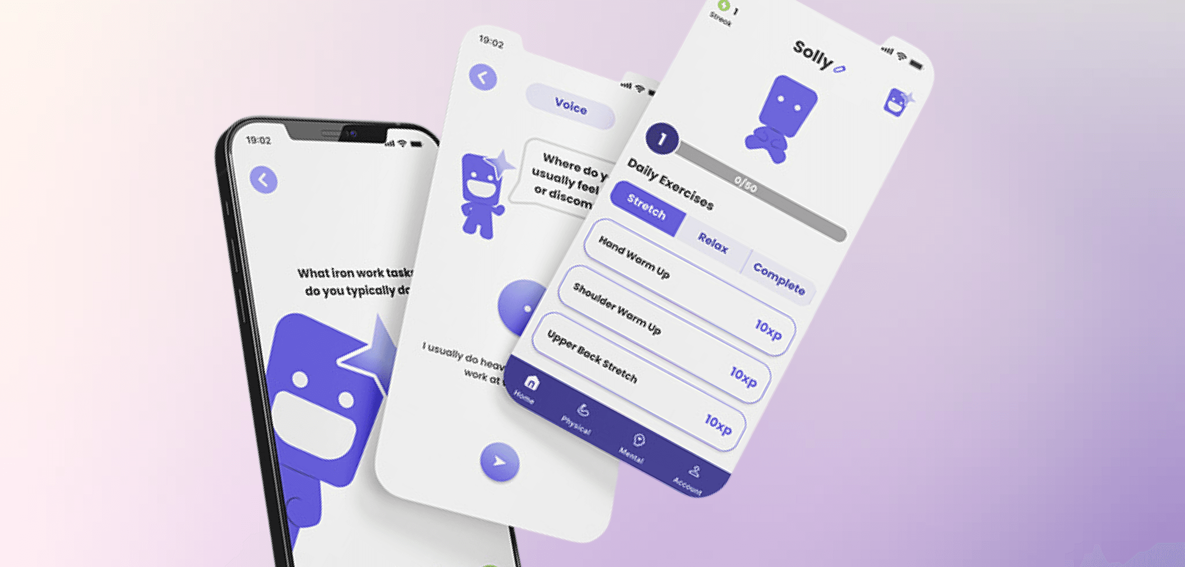 Solace recovery app screens showing daily check-ins, mood tracking, and personalized guidance