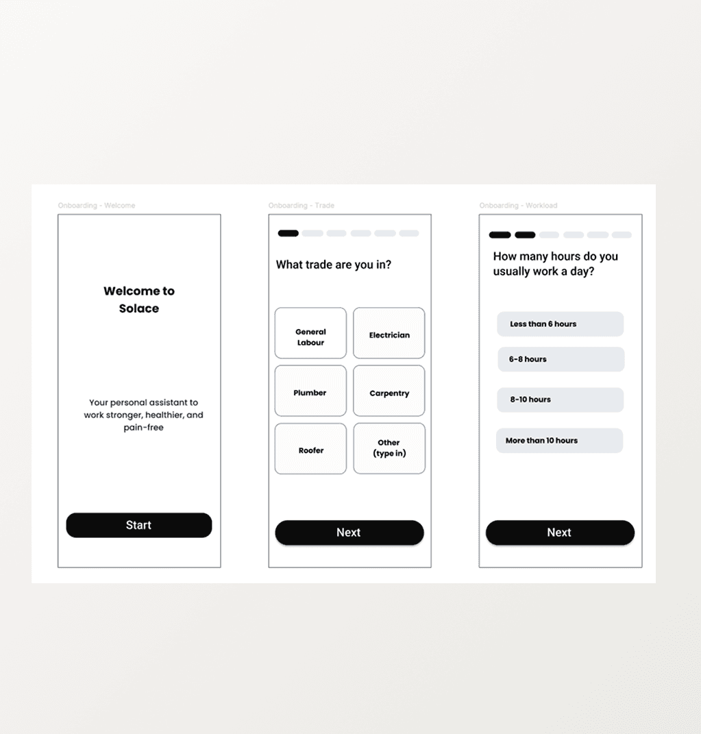 Onboarding lo-fi wireframes