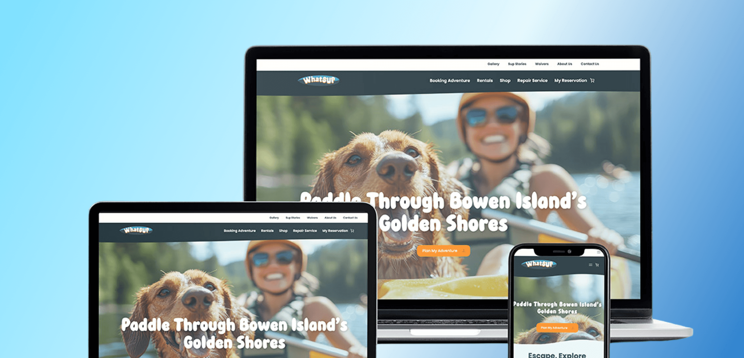WhatSUP tourism website showing activity listings, booking forms, and adventure information